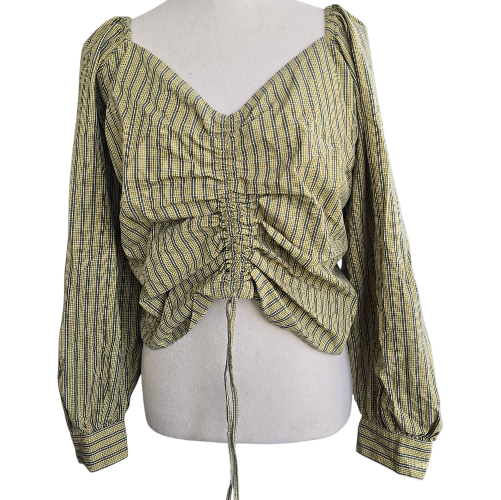 Levi's Yellow Green Plaid Ruched Balloon Sleeve 100% Cotton Blouse Size 3X NWT